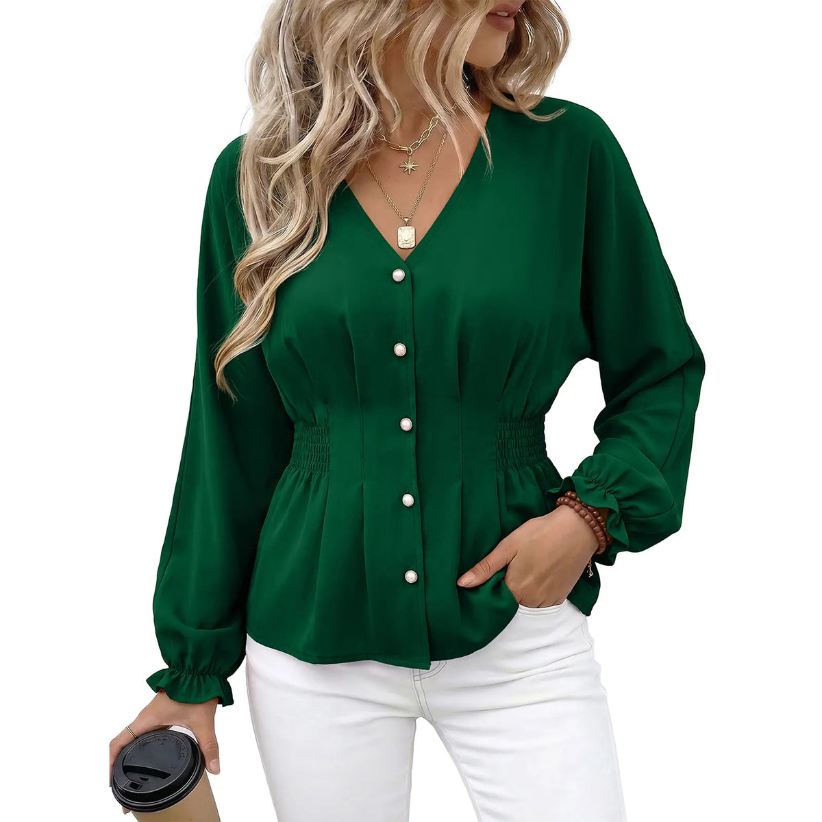 EVALESS Women'S Fitted V Neck Tops Button Long Sleeve Solid Color Blouse 2026 Womenswear Deals for You Days Summer Outfits,Back to School,Back to School Shopping