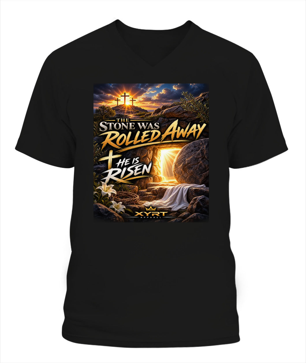 XYRT Apparel Faith Collection - 'He has Risen' Mens V-Neck T-Shirt 
