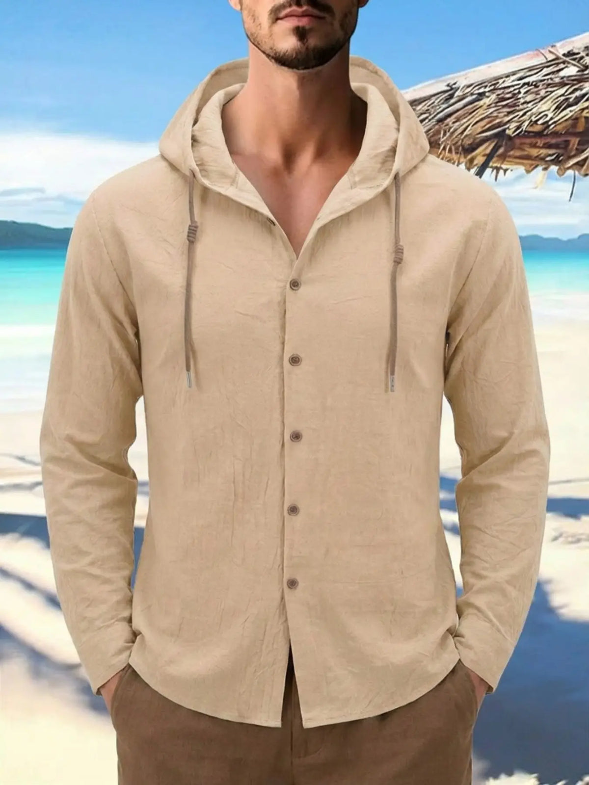Men'S Fashion Classic Casual Street Wear Beach Outdoor Hooded Long Sleeve Cardigan, Breathable Lightweight Linen Fabric Shirt, 95% Linen 5% Polyester, All Seasons Wear Menswear