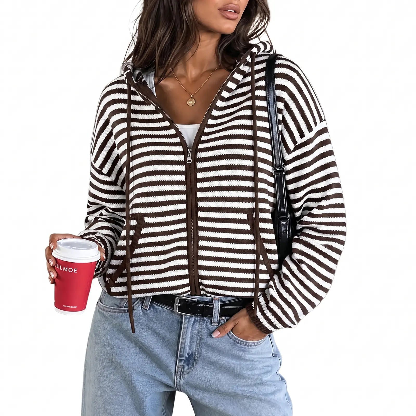 Fisoew Womens Striped Zip up Hoodie Long Sleeve Cardigan Sweatshirts Oversized Crop Sweaters Jackets Y2K Fall Outfits,Clothes for Back to School,First Day of School Outfits