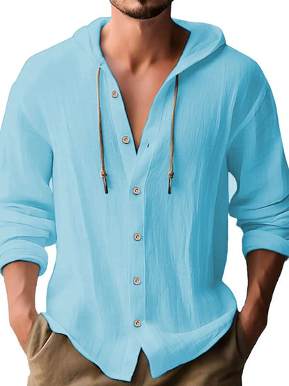 Men'S Fashion Classic Casual Street Wear Beach Outdoor Hooded Long Sleeve Cardigan, Breathable Lightweight Linen Fabric Shirt, 95% Linen 5% Polyester, All Seasons Wear Menswear