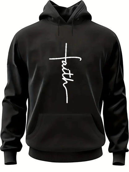 Men'S Autumn and Winter Casual Fashion Loose Faith Print Long Sleeved Hooded Sweatshirt Warm Sports Pullover