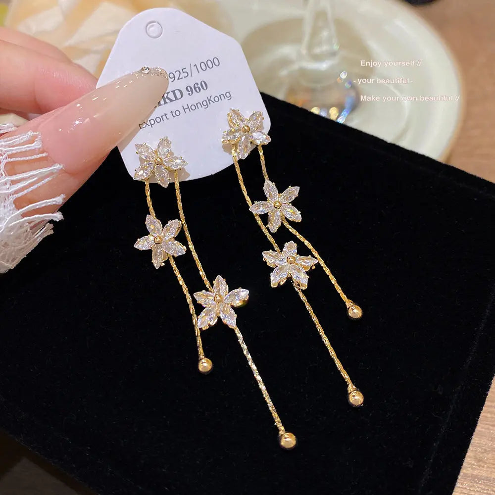 Modmints Handcrafted Flower Diamond Drop Earrings - Minimalist Gold Crystal Dangle Jewelry, Elegant Earring for Women, Wedding Bridesmaid Gift Keepsake, Handcrafted Earrings