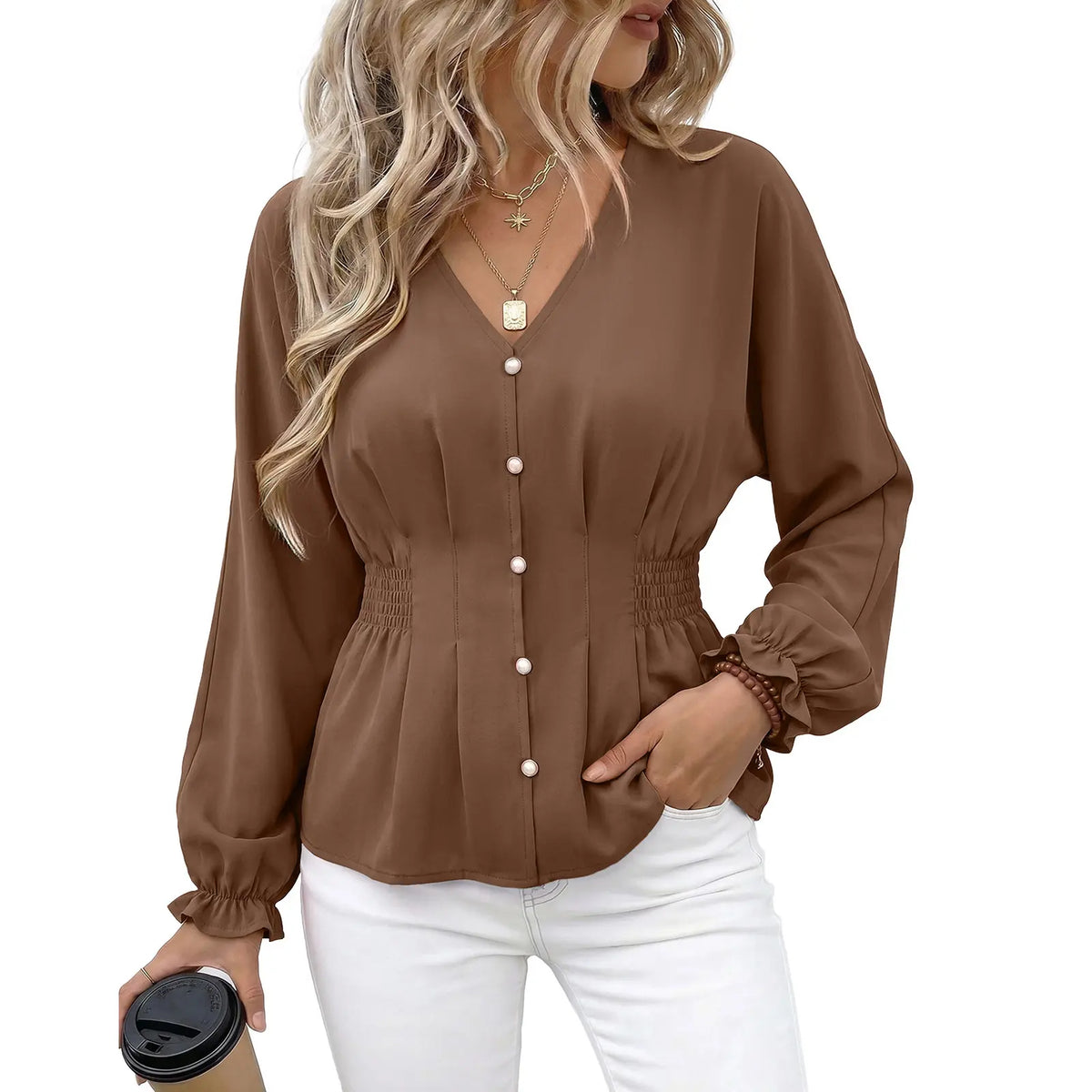 EVALESS Women'S Fitted V Neck Tops Button Long Sleeve Solid Color Blouse 2026 Womenswear Deals for You Days Summer Outfits,Back to School,Back to School Shopping