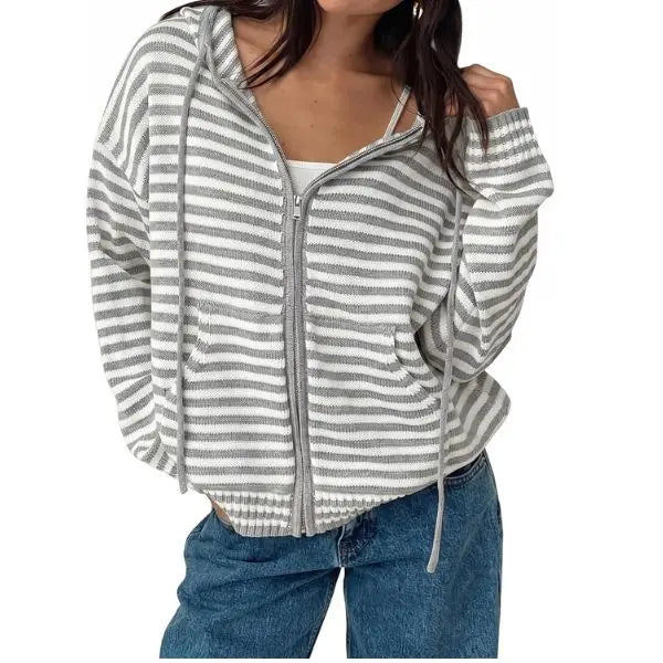 Fisoew Womens Striped Zip up Hoodie Long Sleeve Cardigan Sweatshirts Oversized Crop Sweaters Jackets Y2K Fall Outfits,Clothes for Back to School,First Day of School Outfits