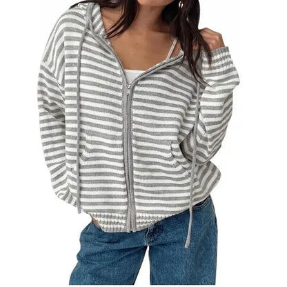 Fisoew Womens Striped Zip up Hoodie Long Sleeve Cardigan Sweatshirts Oversized Crop Sweaters Jackets Y2K Fall Outfits,Clothes for Back to School,First Day of School Outfits