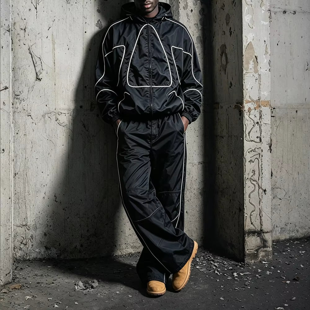 Custom Men'S Reflective Stripe Nylon Tracksuit Set High-Quality Windbreaker Tracksuit Windproof Zip-Up Jacket and Long Pants Set
