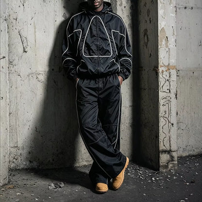 Custom Men'S Reflective Stripe Nylon Tracksuit Set High-Quality Windbreaker Tracksuit Windproof Zip-Up Jacket and Long Pants Set