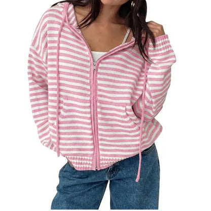 Fisoew Womens Striped Zip up Hoodie Long Sleeve Cardigan Sweatshirts Oversized Crop Sweaters Jackets Y2K Fall Outfits,Clothes for Back to School,First Day of School Outfits