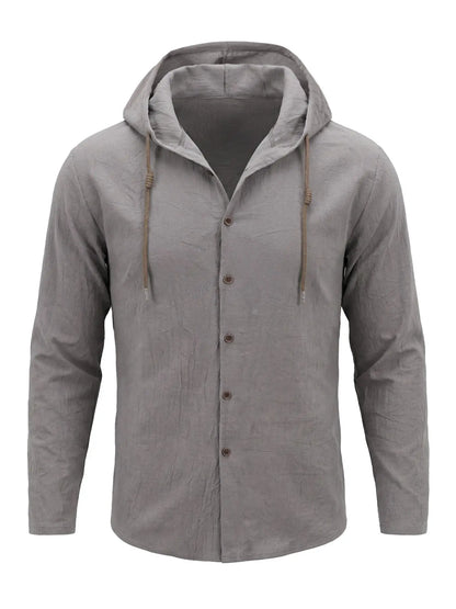 Men'S Fashion Classic Casual Street Wear Beach Outdoor Hooded Long Sleeve Cardigan, Breathable Lightweight Linen Fabric Shirt, 95% Linen 5% Polyester, All Seasons Wear Menswear