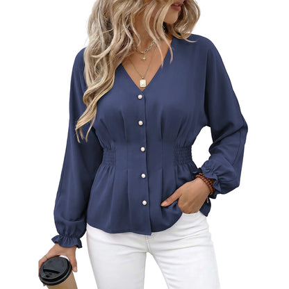 EVALESS Women'S Fitted V Neck Tops Button Long Sleeve Solid Color Blouse 2026 Womenswear Deals for You Days Summer Outfits,Back to School,Back to School Shopping