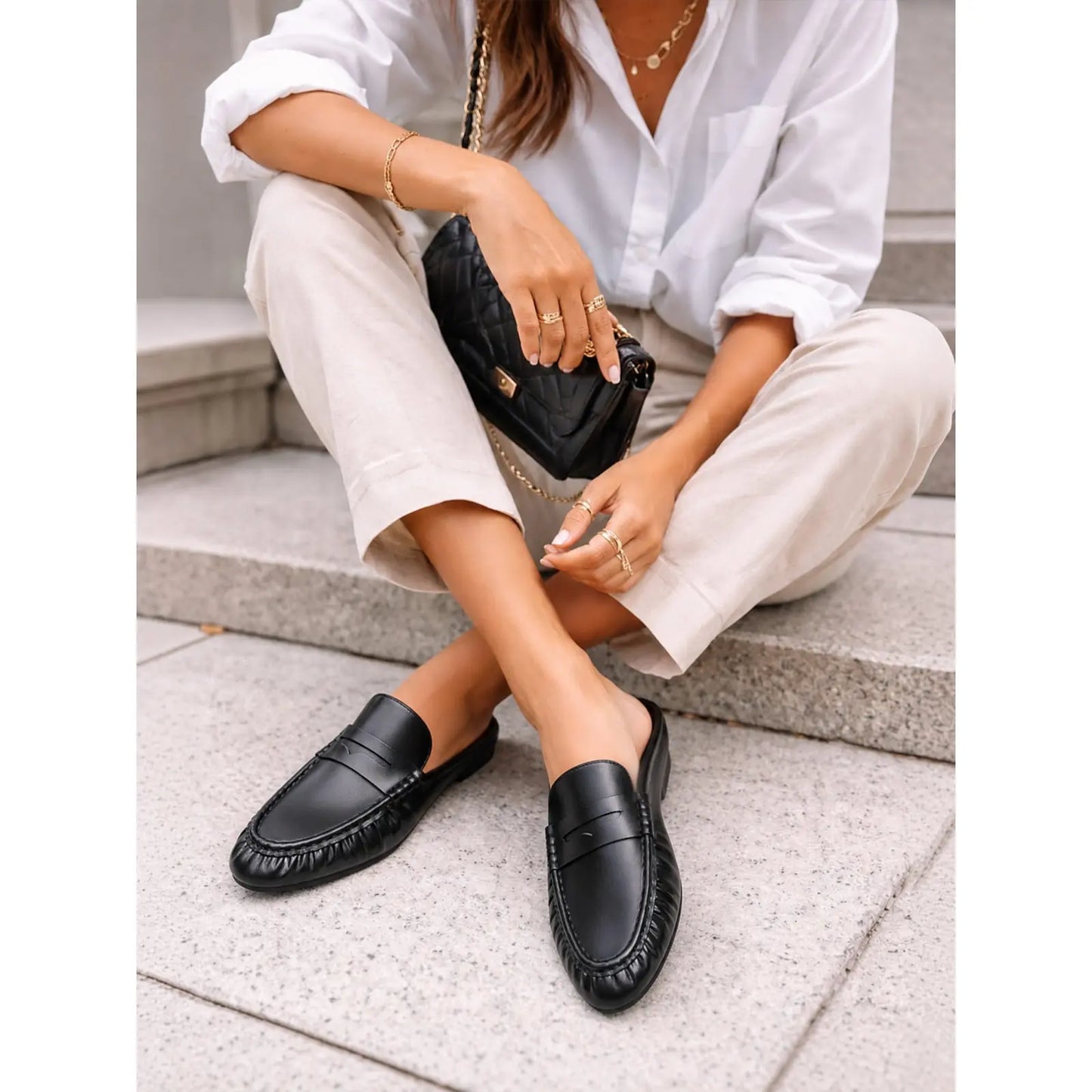 Coutgo Women'S Casual Faux Leather Loafers, Lightweight Plain Mule Slides with round Toe and Penny Strap, Shoe, Footwear, Business, Rubber, Ankle,Back to School,Back to School Haul