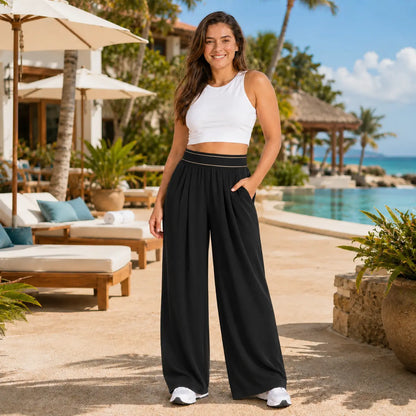 Women’S Wide Leg Palazzo Pants Black High Waisted Loose Lounge Pants with Pockets Casual Flowy Beach Vacation Pants Summer Resort Pants Comfy Stretchy Yoga Travel Pants for Women,Clothes for Back to School,First Day of School Outfits