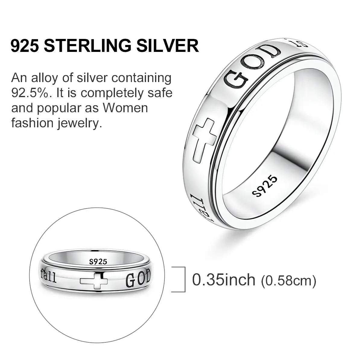 MULA Women'S 925 Silver-Plated Spinner Ring, Christian Fidget Jewelry with Engraved Psalm 46:5 Verse and Holy Cross for Anxiety Relief, Inspirational Message Gift for Resilience, Strength, Gift of Encouragement, Calming Spinner