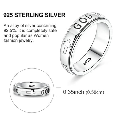 MULA Women'S 925 Silver-Plated Spinner Ring, Christian Fidget Jewelry with Engraved Psalm 46:5 Verse and Holy Cross for Anxiety Relief, Inspirational Message Gift for Resilience, Strength, Gift of Encouragement, Calming Spinner