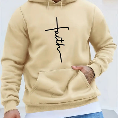Men'S Autumn and Winter Casual Fashion Loose Faith Print Long Sleeved Hooded Sweatshirt Warm Sports Pullover