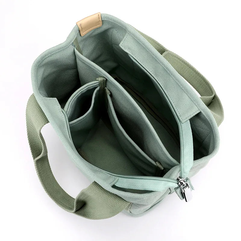 Women Small Bag with Zipper Fashion Lady Single Shoulder Portable Thickened Canvas Mobile Phone Bucket Tote Bag